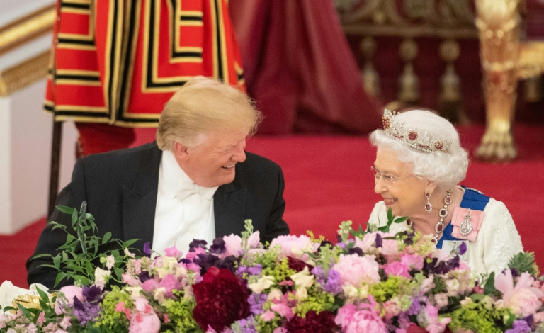 Britain's Queen Elizabeth II laughs with US President Donald Trump during a state banquet at Buckingham Palace