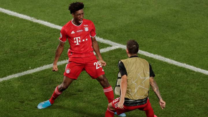 Coman celebrates after scoring against PSG in the Champions League final in Lisbon