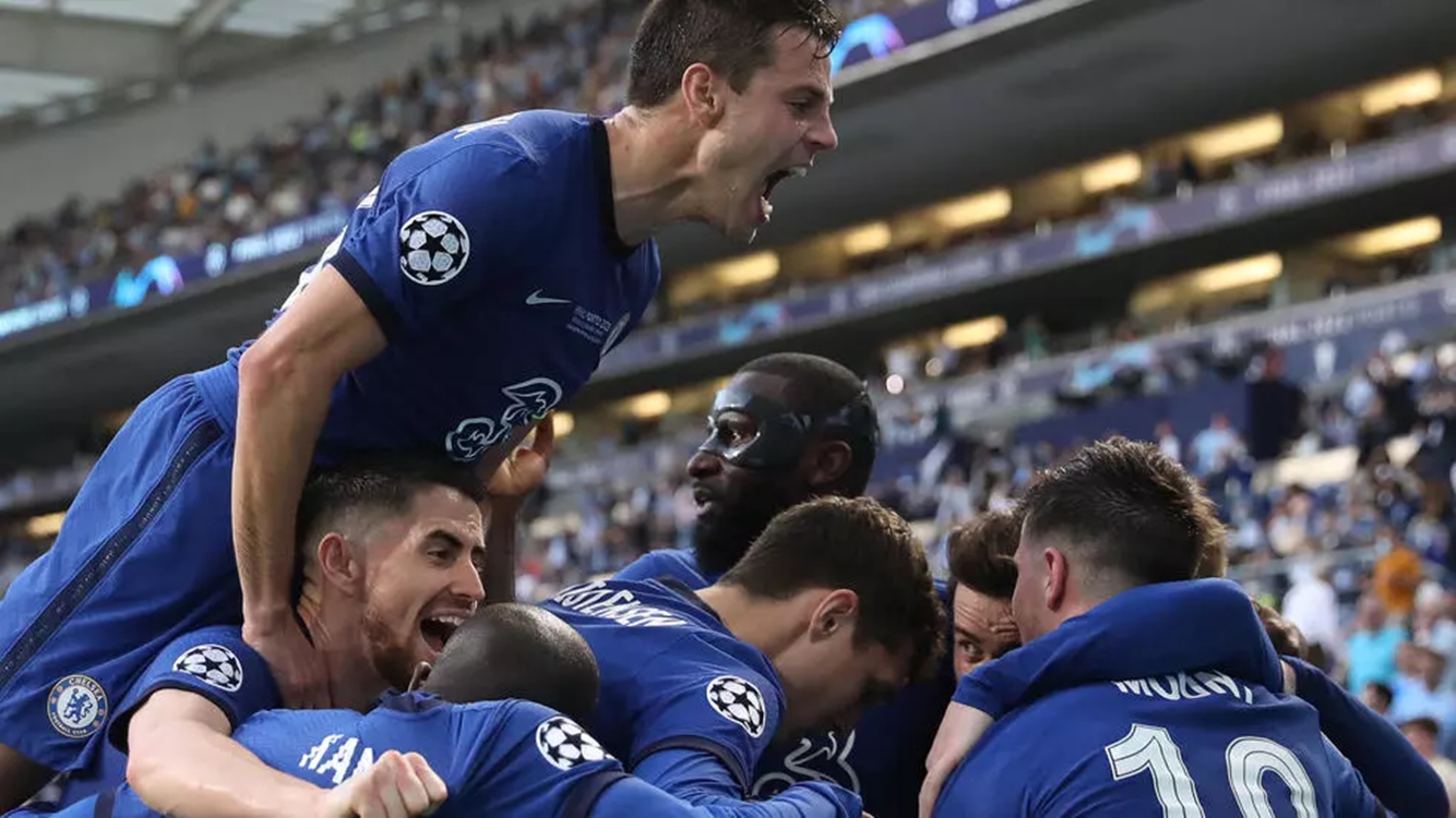 Chelsea celebrate German midfielder Kai Havertz's goal in their 1-0 Champions League final win against Manchester City in Porto, Portugal, May 29, 2021.